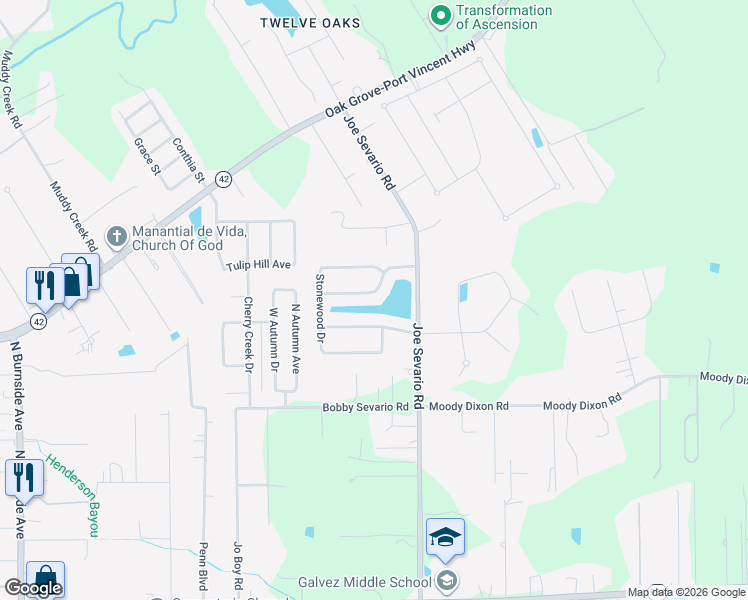map of restaurants, bars, coffee shops, grocery stores, and more near 41454 Hearthstone Avenue in Prairieville
