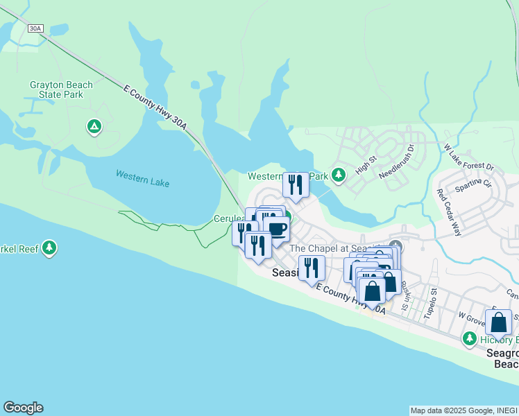 map of restaurants, bars, coffee shops, grocery stores, and more near 288 Western Lake Drive in Santa Rosa Beach