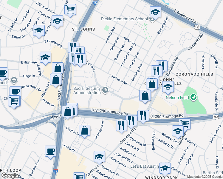 map of restaurants, bars, coffee shops, grocery stores, and more near 1044 Camino La Costa in Austin