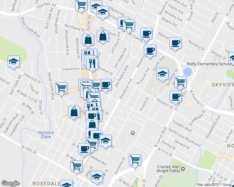 map of restaurants, bars, coffee shops, grocery stores, and more near 5314A Woodrow Avenue in Austin