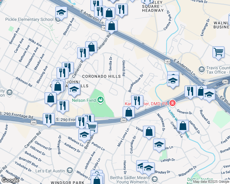 map of restaurants, bars, coffee shops, grocery stores, and more near 7259 Coronado Circle in Austin