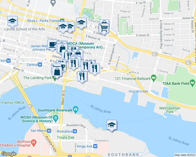 map of restaurants, bars, coffee shops, grocery stores, and more near N Liberty St & E Bay St in Jacksonville