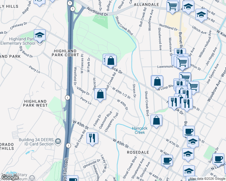 map of restaurants, bars, coffee shops, grocery stores, and more near 2705 West 49th 1/2 Street in Austin