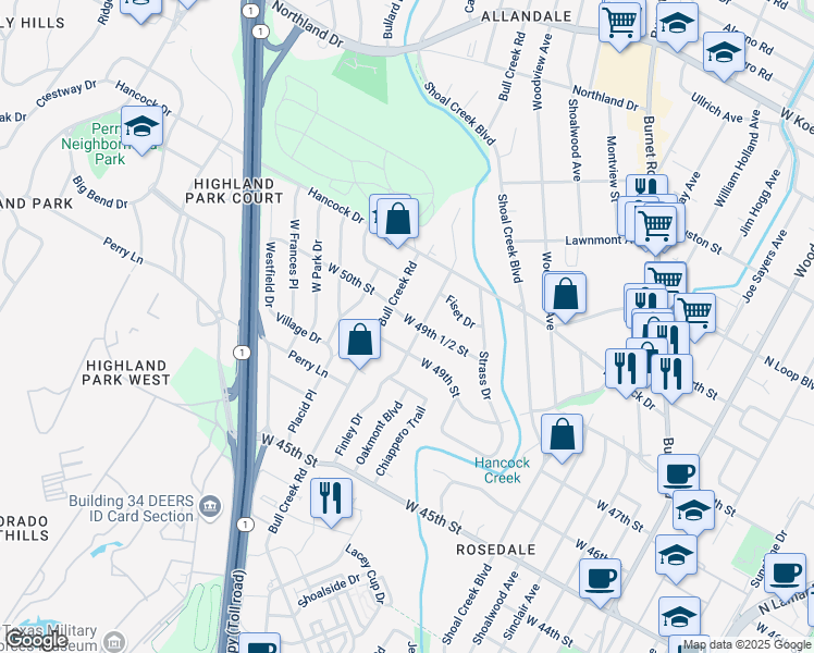 map of restaurants, bars, coffee shops, grocery stores, and more near 4918 Finley Drive in Austin
