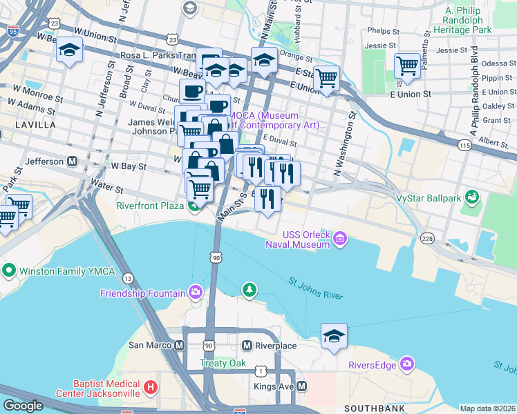 map of restaurants, bars, coffee shops, grocery stores, and more near 200-298 East Bay Street in Jacksonville