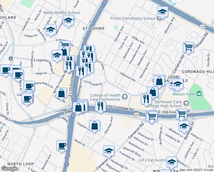 map of restaurants, bars, coffee shops, grocery stores, and more near 1033 La Posada Drive in Austin