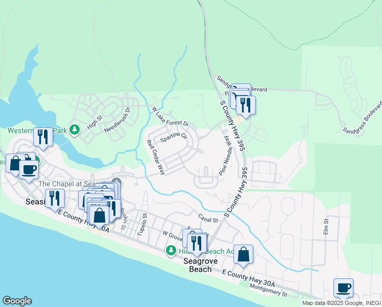 map of restaurants, bars, coffee shops, grocery stores, and more near 1361 Western Lake Drive in Santa Rosa Beach