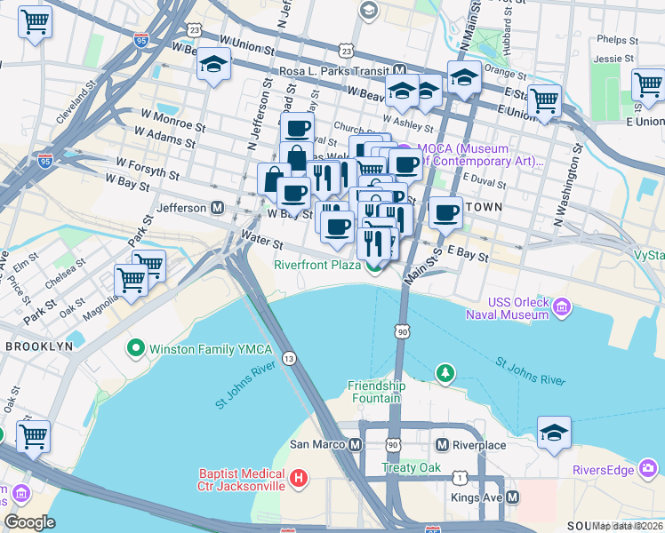 map of restaurants, bars, coffee shops, grocery stores, and more near 225 Water Street in Jacksonville