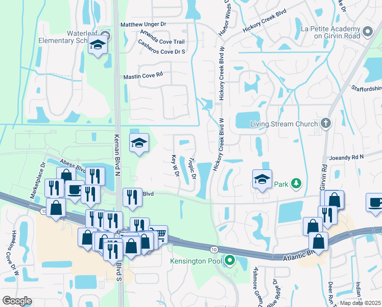 map of restaurants, bars, coffee shops, grocery stores, and more near 12602 Tropic Drive in Jacksonville