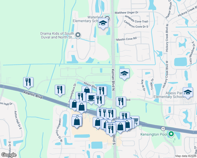 map of restaurants, bars, coffee shops, grocery stores, and more near 12001 Abess Boulevard in Jacksonville