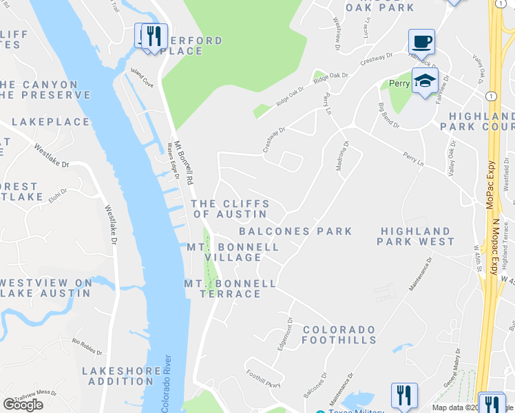 map of restaurants, bars, coffee shops, grocery stores, and more near 3410 Mount Barker Drive in Austin