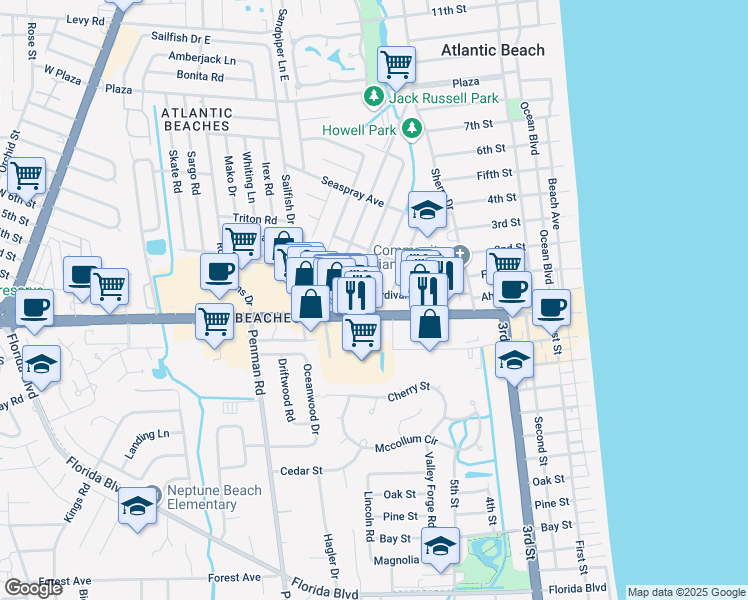 map of restaurants, bars, coffee shops, grocery stores, and more near 597 Sturdivant Avenue in Atlantic Beach