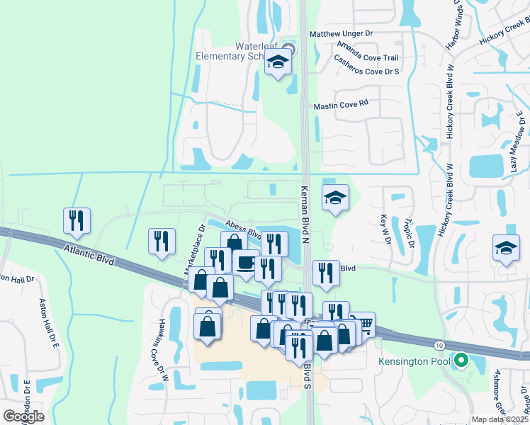 map of restaurants, bars, coffee shops, grocery stores, and more near 12001 Abess Boulevard in Jacksonville