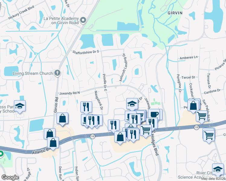 map of restaurants, bars, coffee shops, grocery stores, and more near 13234 Joeandy Road North in Jacksonville