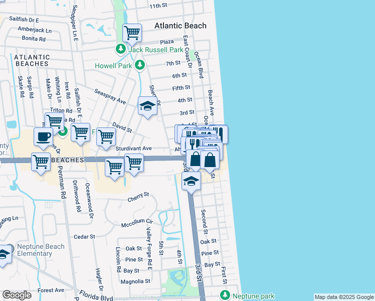map of restaurants, bars, coffee shops, grocery stores, and more near 329 Ahern Street in Atlantic Beach