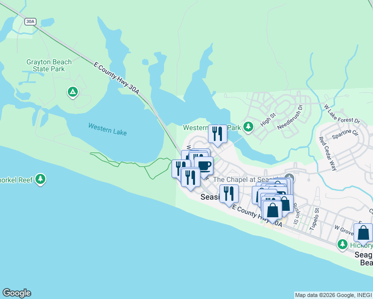 map of restaurants, bars, coffee shops, grocery stores, and more near 301 Western Lake Drive in Santa Rosa Beach