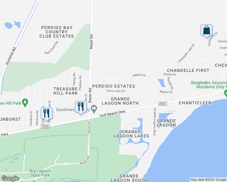 map of restaurants, bars, coffee shops, grocery stores, and more near 5042 Terra Lake Circle in Pensacola