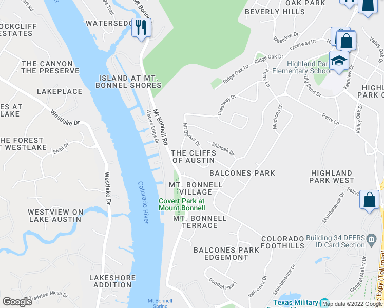 map of restaurants, bars, coffee shops, grocery stores, and more near 3405 Mountain Top Circle in Austin