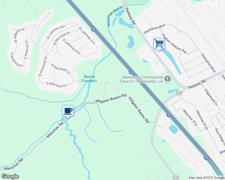 map of restaurants, bars, coffee shops, grocery stores, and more near 18599 Manchac Highlands Drive in Prairieville