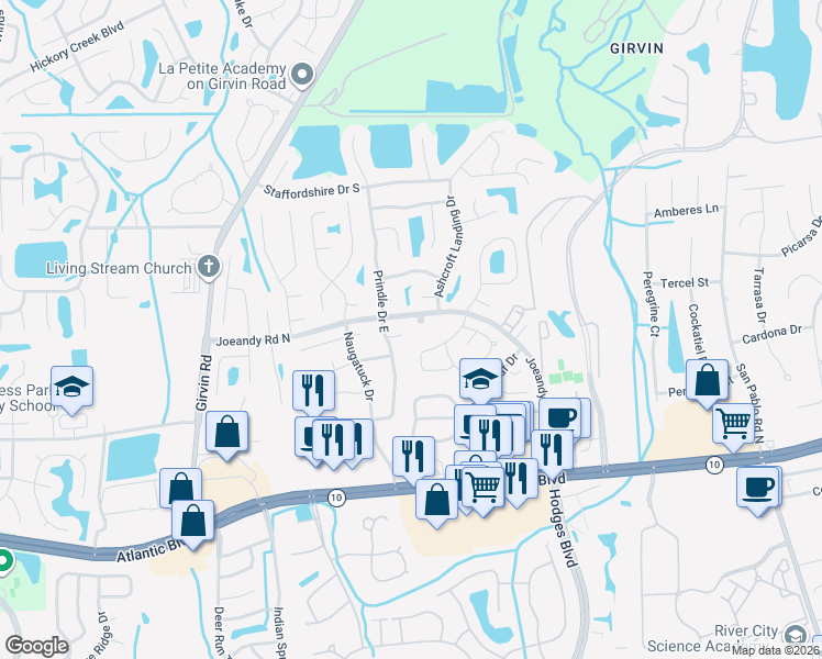 map of restaurants, bars, coffee shops, grocery stores, and more near 13234 Joeandy Road North in Jacksonville