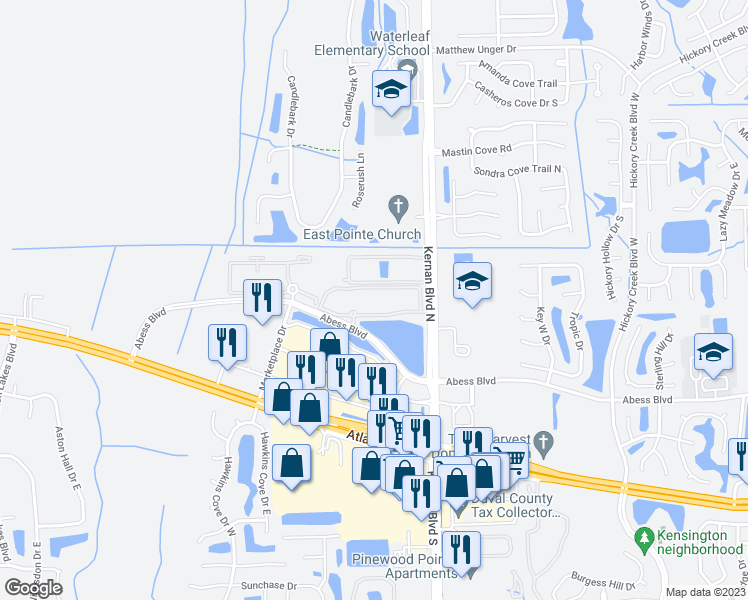 map of restaurants, bars, coffee shops, grocery stores, and more near 12001 Abess Boulevard in Jacksonville