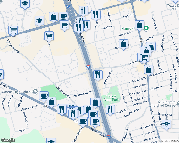 map of restaurants, bars, coffee shops, grocery stores, and more near 1476 Wilson Road in Conroe