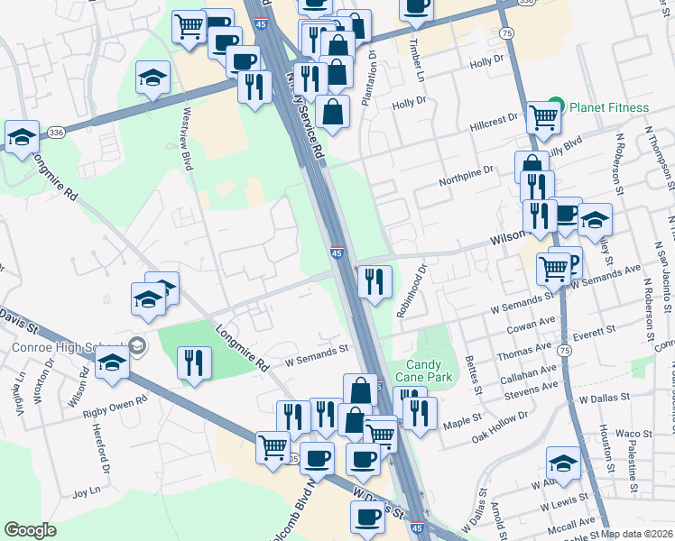 map of restaurants, bars, coffee shops, grocery stores, and more near 1476 Wilson Road in Conroe