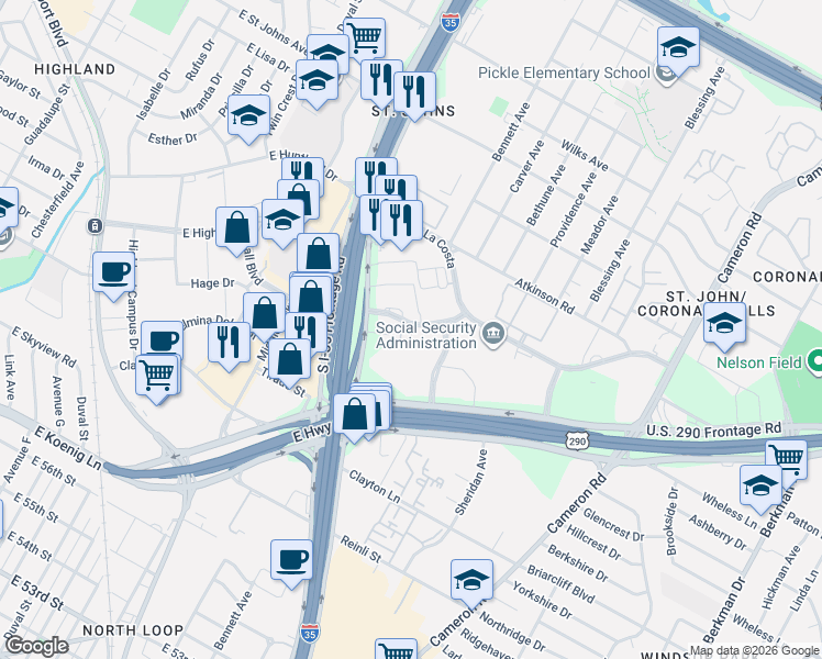 map of restaurants, bars, coffee shops, grocery stores, and more near 935 La Posada Drive in Austin