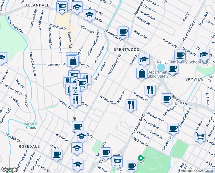 map of restaurants, bars, coffee shops, grocery stores, and more near 5406 Roosevelt Avenue in Austin