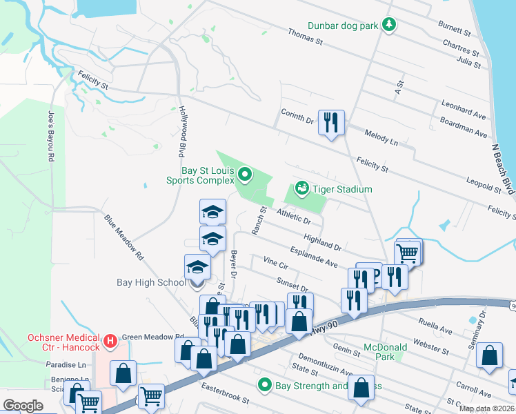 map of restaurants, bars, coffee shops, grocery stores, and more near 4 Wood Place in Bay St. Louis