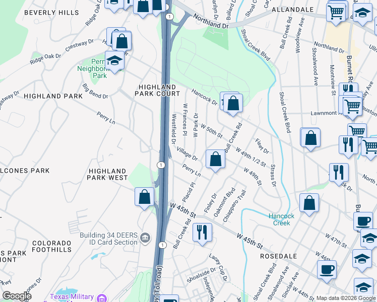 map of restaurants, bars, coffee shops, grocery stores, and more near 4801 West Frances Place in Austin