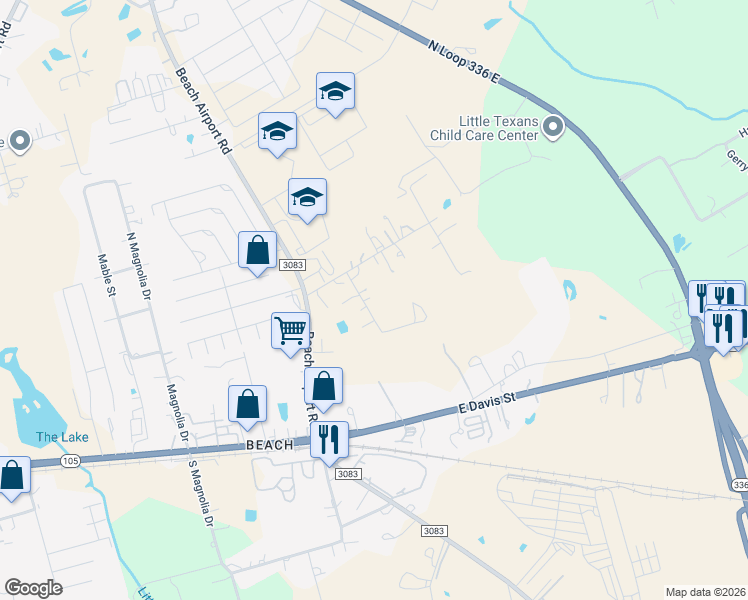 map of restaurants, bars, coffee shops, grocery stores, and more near 860 Waxahachie Street in Conroe