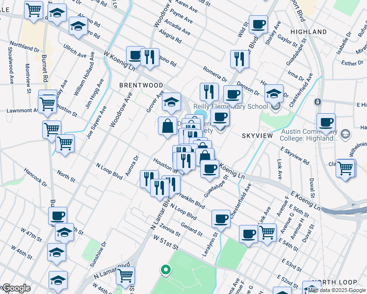 map of restaurants, bars, coffee shops, grocery stores, and more near 5604 North Lamar Boulevard in Austin