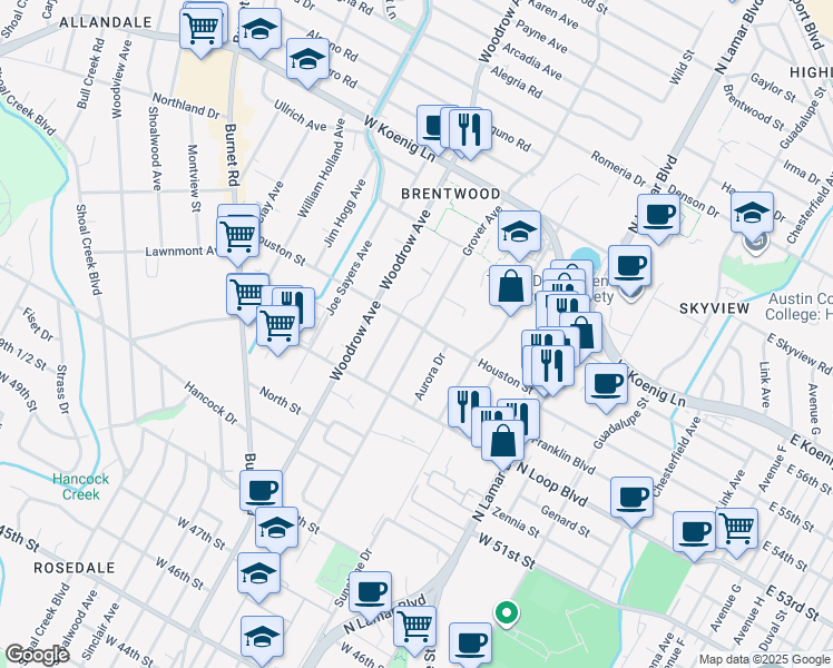 map of restaurants, bars, coffee shops, grocery stores, and more near 5413 Grover Avenue in Austin