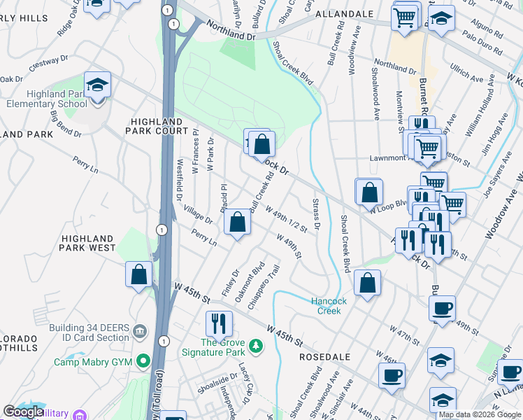 map of restaurants, bars, coffee shops, grocery stores, and more near 2800 Winston Court in Austin