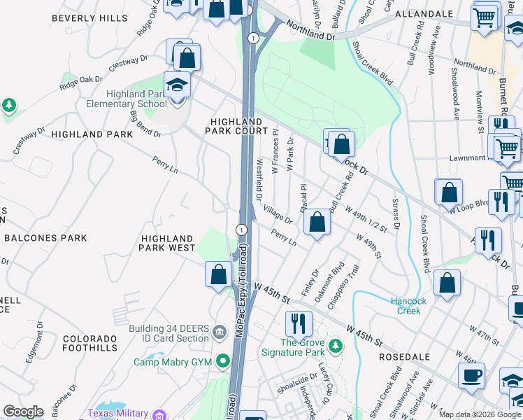 map of restaurants, bars, coffee shops, grocery stores, and more near 4800 Westfield Drive in Austin