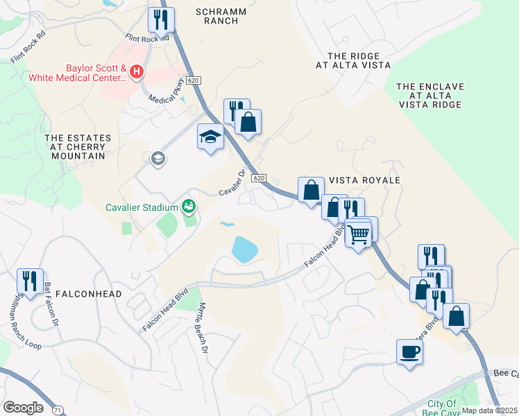 map of restaurants, bars, coffee shops, grocery stores, and more near 3400 Ranch Road 620 South in Bee Cave
