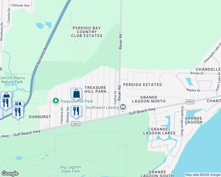 map of restaurants, bars, coffee shops, grocery stores, and more near 5140 Plateau Road in Pensacola