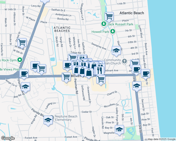 map of restaurants, bars, coffee shops, grocery stores, and more near 108 Seminole Road in Atlantic Beach
