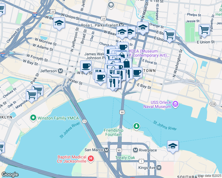 map of restaurants, bars, coffee shops, grocery stores, and more near 2011 Independent Drive in Jacksonville