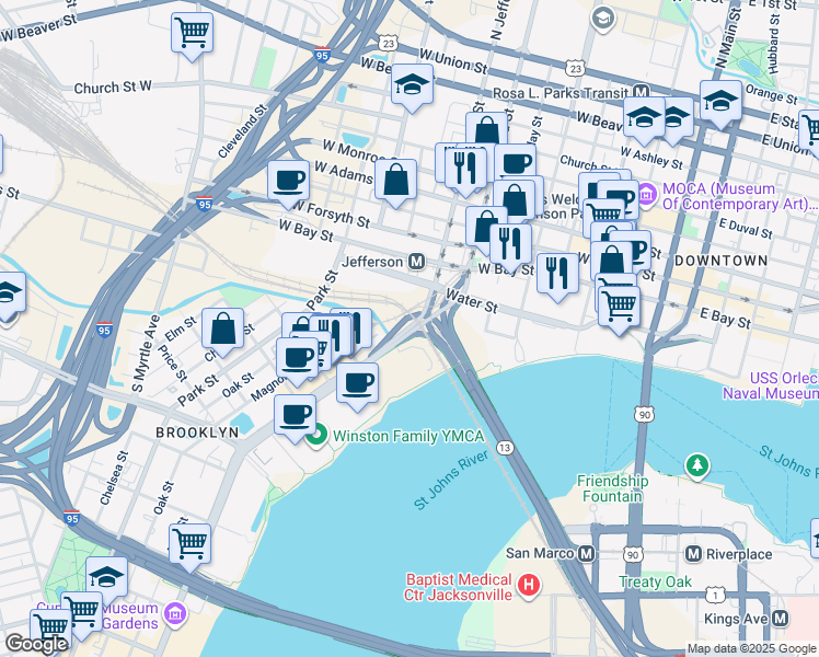 map of restaurants, bars, coffee shops, grocery stores, and more near 10 Riverside Ave in Jacksonville