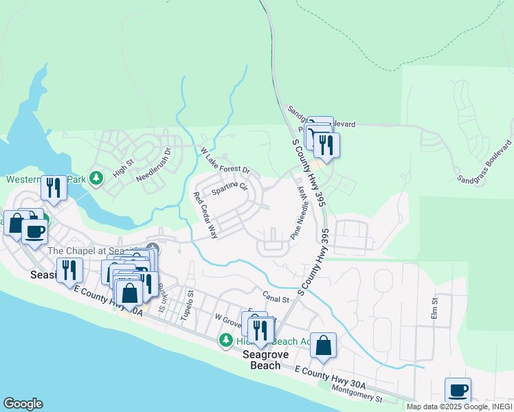 map of restaurants, bars, coffee shops, grocery stores, and more near 1383 Western Lake Drive in Santa Rosa Beach