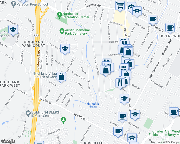 map of restaurants, bars, coffee shops, grocery stores, and more near 5003 Strass Drive in Austin