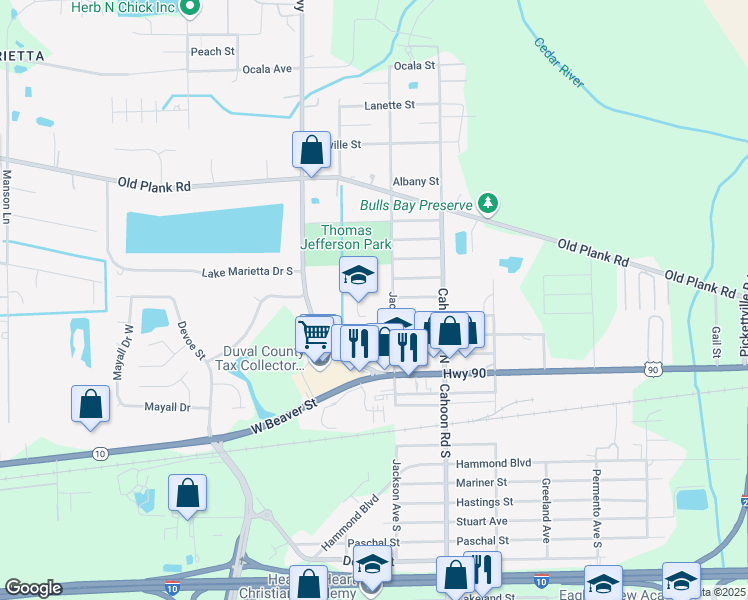 map of restaurants, bars, coffee shops, grocery stores, and more near 8233 Nevada Street in Jacksonville