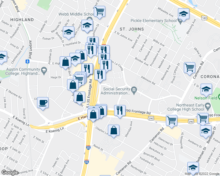 map of restaurants, bars, coffee shops, grocery stores, and more near 935 La Posada Drive in Austin