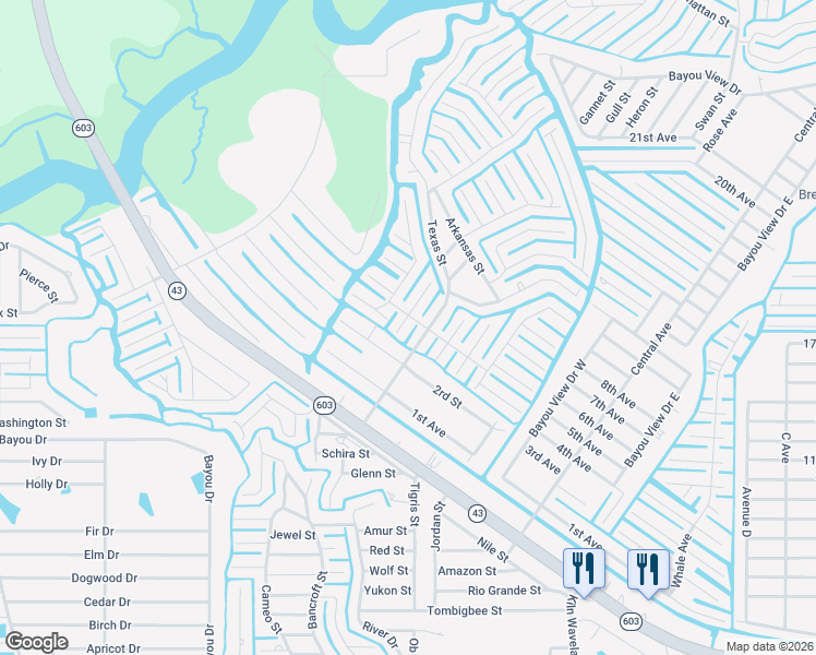 map of restaurants, bars, coffee shops, grocery stores, and more near 10024 New Mexico Street in Bay St. Louis