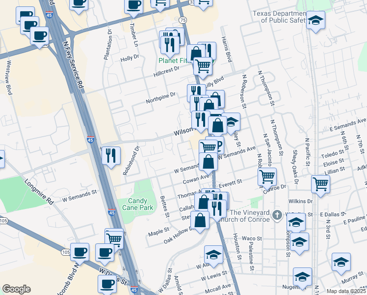 map of restaurants, bars, coffee shops, grocery stores, and more near 901 Wilson Road in Conroe