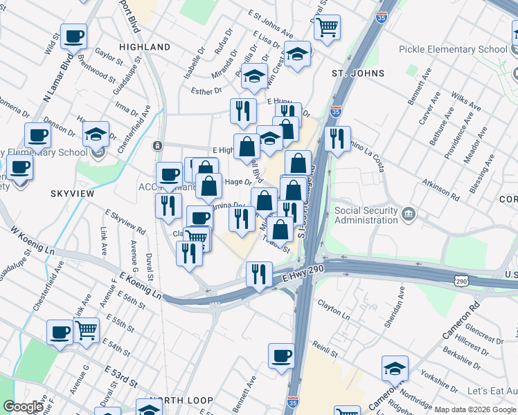 map of restaurants, bars, coffee shops, grocery stores, and more near 6310 Wilhelmina Delco Drive in Austin