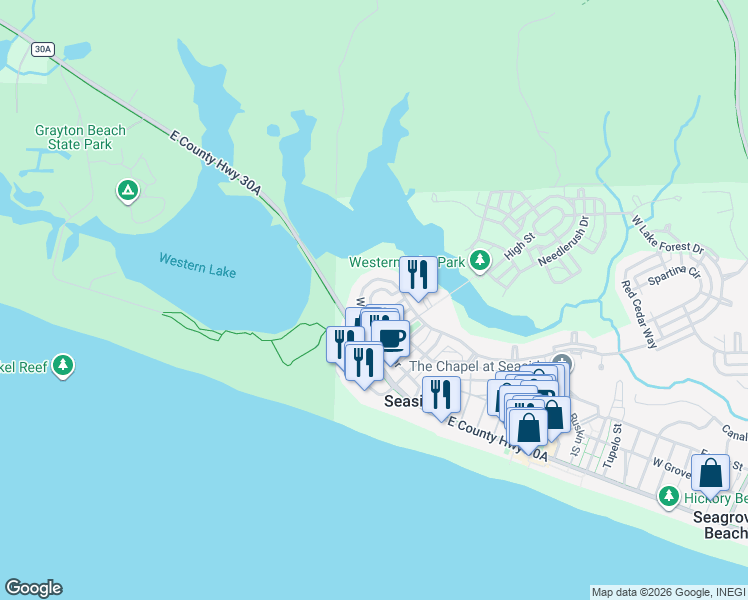 map of restaurants, bars, coffee shops, grocery stores, and more near 318 Western Lake Drive in Santa Rosa Beach