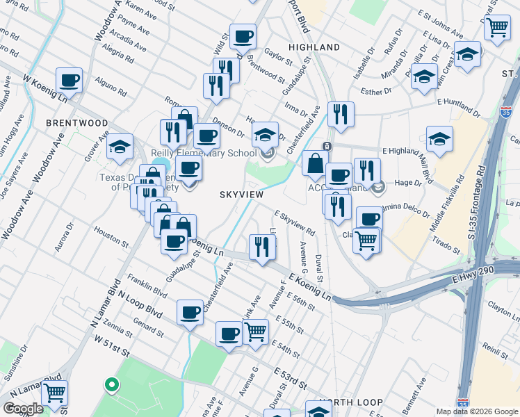 map of restaurants, bars, coffee shops, grocery stores, and more near 5806 Chesterfield Avenue in Austin